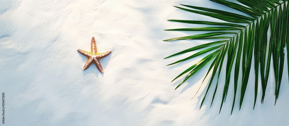 Poster tropical beach close-up with palm leaf and starfish on white sand creating a serene and peaceful atm