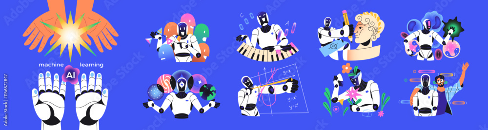 Poster artificial intelligent concept set. machine or deep learning. ai robot studies art, music, math, inc