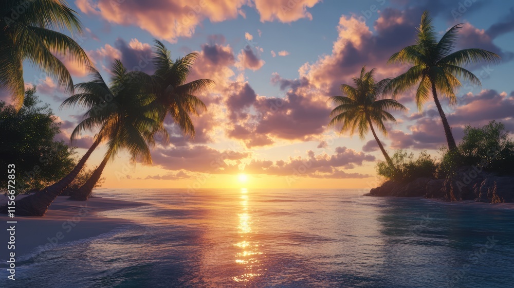 Poster serene tropical beach with coconut palms at sunrise casting reflections on calm waters and vibrant c