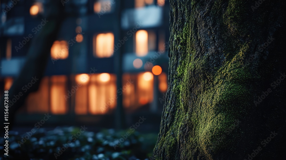 Poster Moss-covered tree trunk with blurred illuminated windows creating a serene urban evening atmosphere.