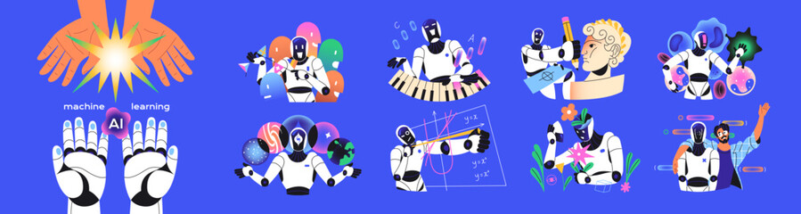 Fototapeta premium Artificial intelligent concept set. Machine or deep learning. AI robot studies art, music, math, increases computing power. Humanoid with neural network technology. Flat isolated vector illustrations