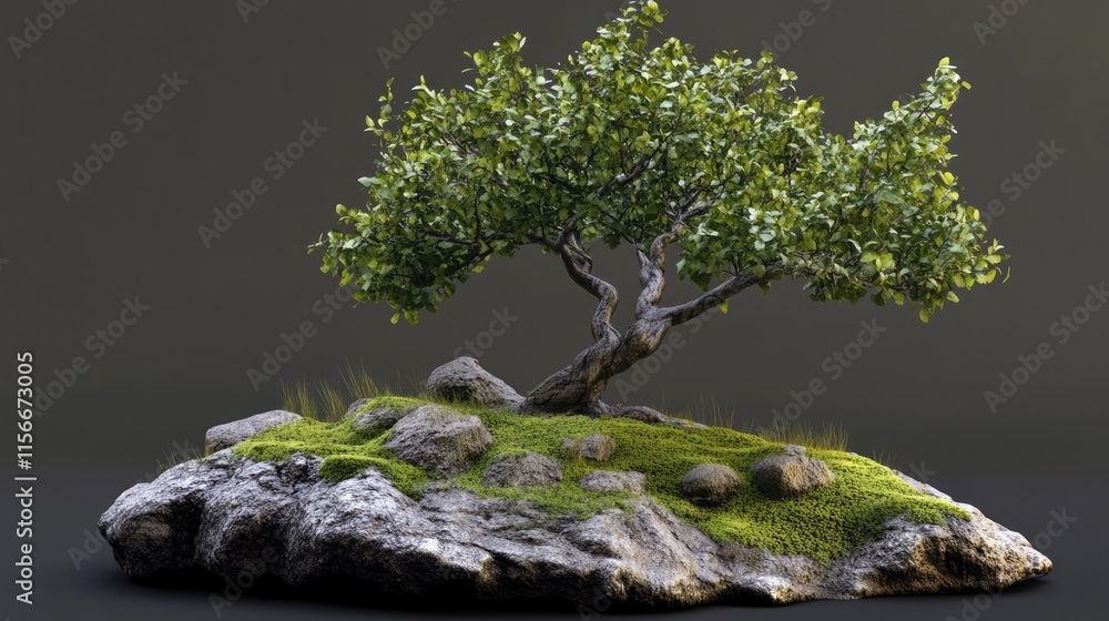 Poster mossy tree on rocky base surrounded by lush greenery and natural elements in a calm nature setting