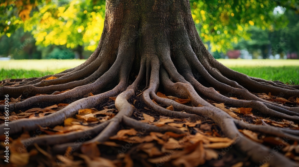 Aufkleber Tree trunk and roots with autumn leaves in a shallow depth of field showcasing nature's textures and vibrant colors.