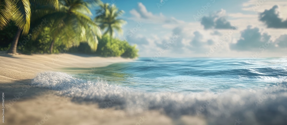 Poster tropical beach paradise with lush palm trees and calm ocean waters under a beautiful sky in soft foc
