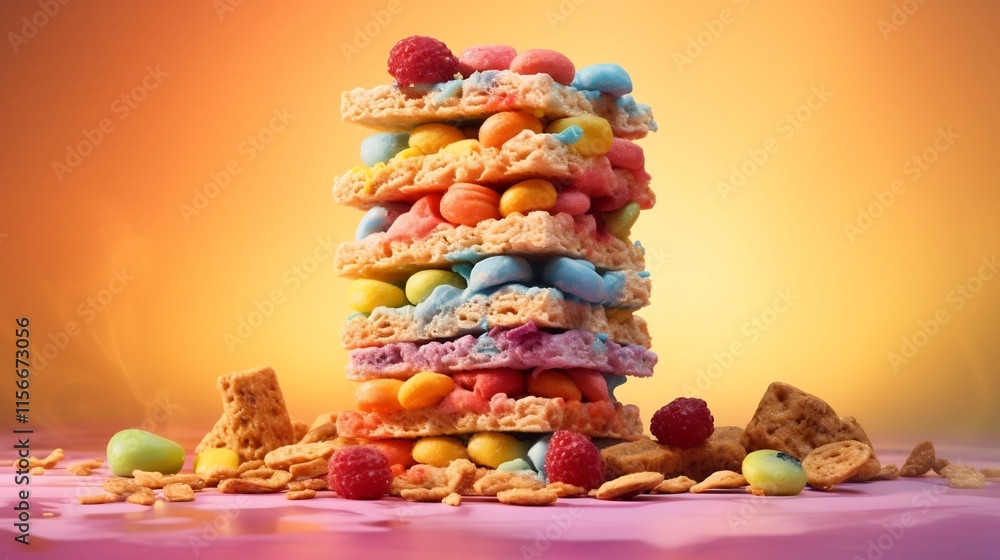Poster artfully arranged stack of colorful cereal bars bathed in a warm morning light creating a vibrant an