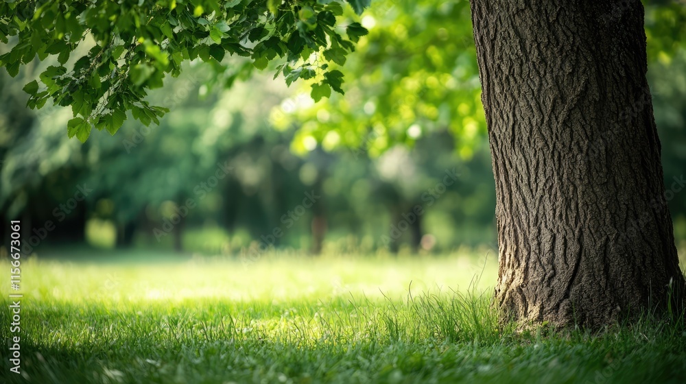 Aufkleber lush green grass under the canopy of a majestic tree in a serene natural setting