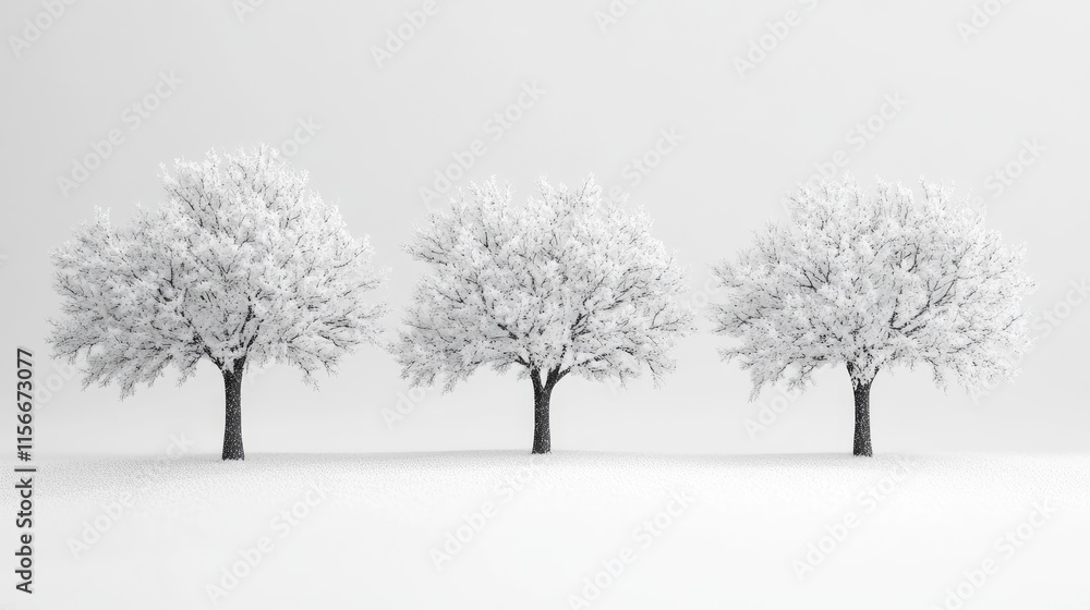 Poster snow-covered trees in a serene winter landscape with a minimalist aesthetic emphasizing tranquility 