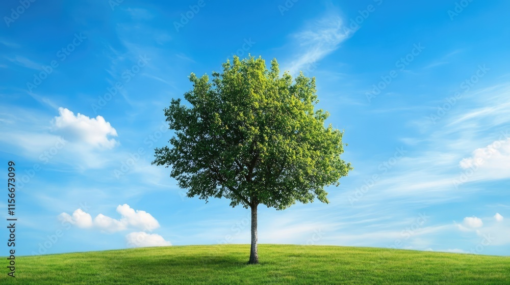 Poster lone tree on a green hill under a bright blue sky with fluffy clouds creating a serene natural lands
