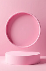 Round podium, minimalist design. Cosmetic product mockup placement pedestal, pink promotion stand display.