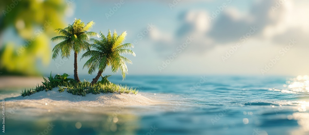 Poster tropical beach island paradise with lush palms and serene ocean waves in a softly blurred background