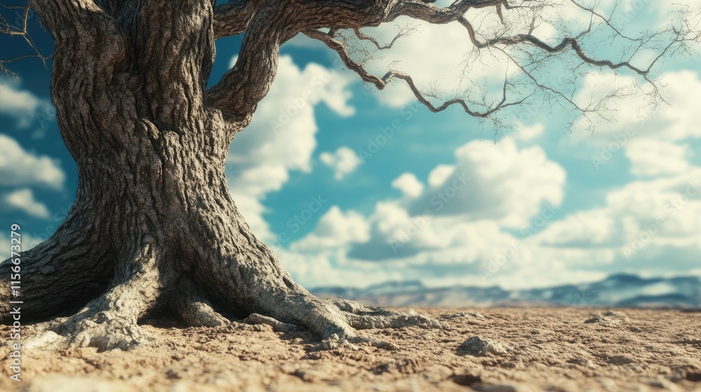 Poster Dry tree trunk on arid soil under a bright blue sky showcasing resilience in a challenging environment with distant mountains in background