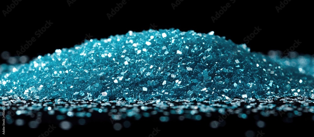 Aufkleber Turquoise glitter pile shimmering on a black background with a sparkling snow or diamond effect creating a captivating visual texture
