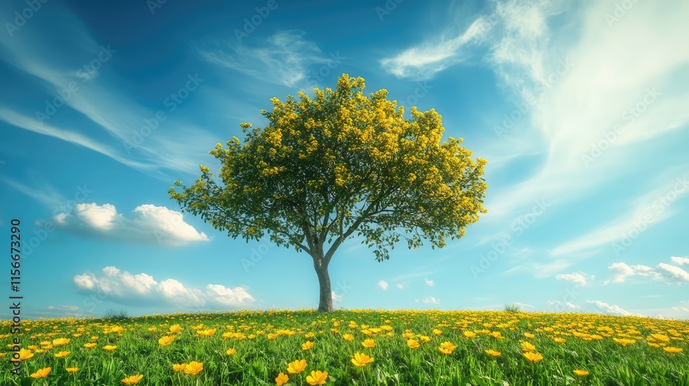 Poster lone tree with vibrant yellow flowers under a clear blue sky creating a serene nature background sui