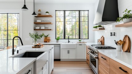 A modern kitchen featuring white cabinets, wooden accents, and large windows, creating a bright and open space with plants and stylish decor.