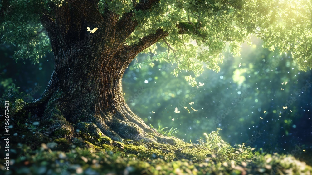 Aufkleber majestic tree trunk with lush green foliage and sunlight filtering through creating a serene natural