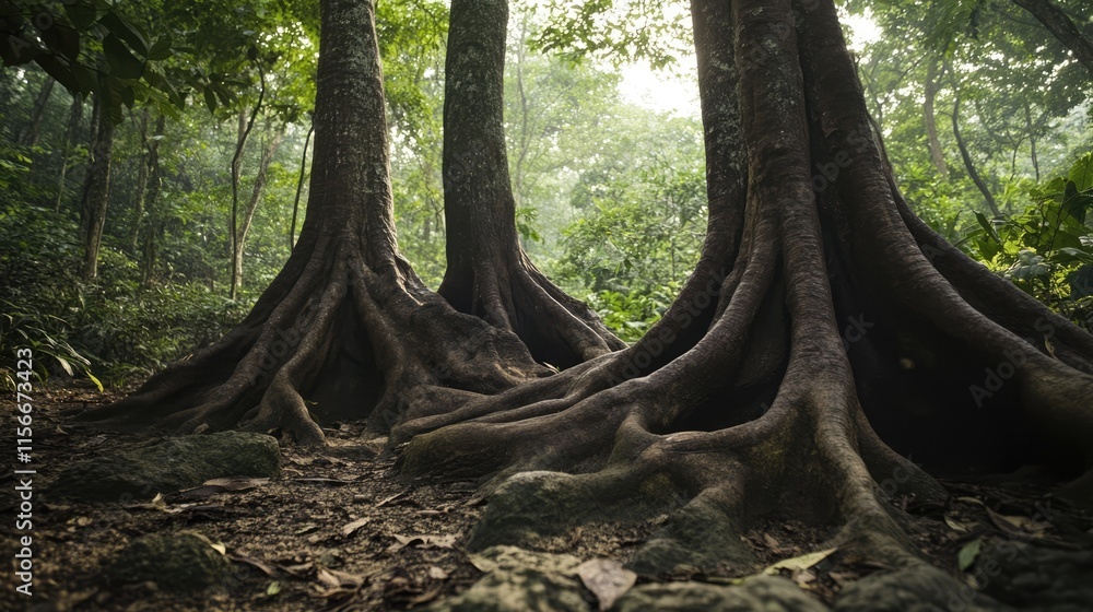 Aufkleber majestic tree trunks with expansive roots in lush green forest setting creating a peaceful and seren
