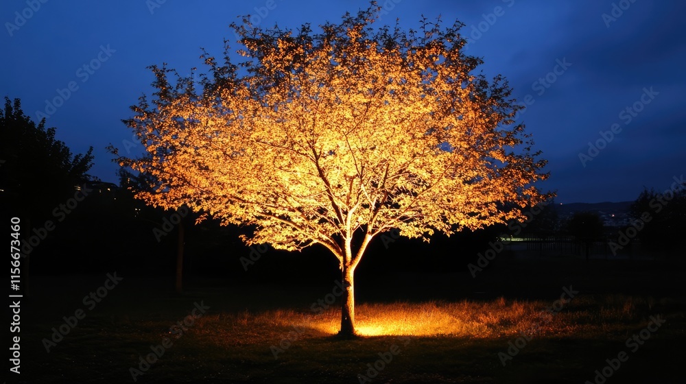 Poster illuminated tree in a serene park at twilight showcasing warm golden light against a tranquil evenin