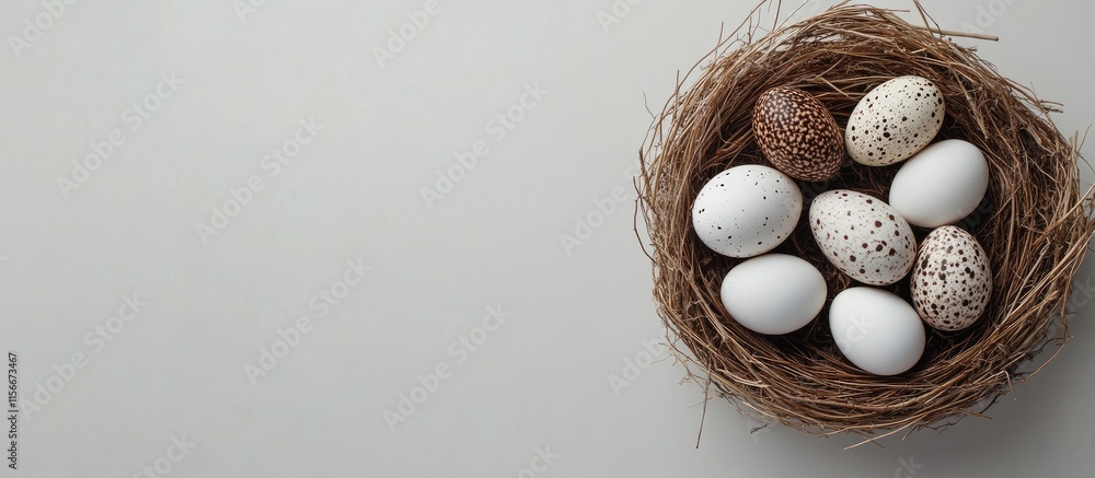 Aufkleber easter flat lay with decorative quail and chicken eggs in a natural nest on a neutral background ide