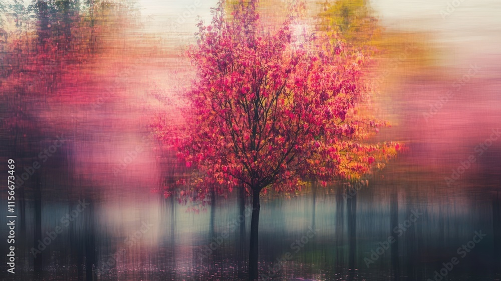 Poster autumn trees with vibrant colors and morning dew captured in a beautiful blur creating a serene and 