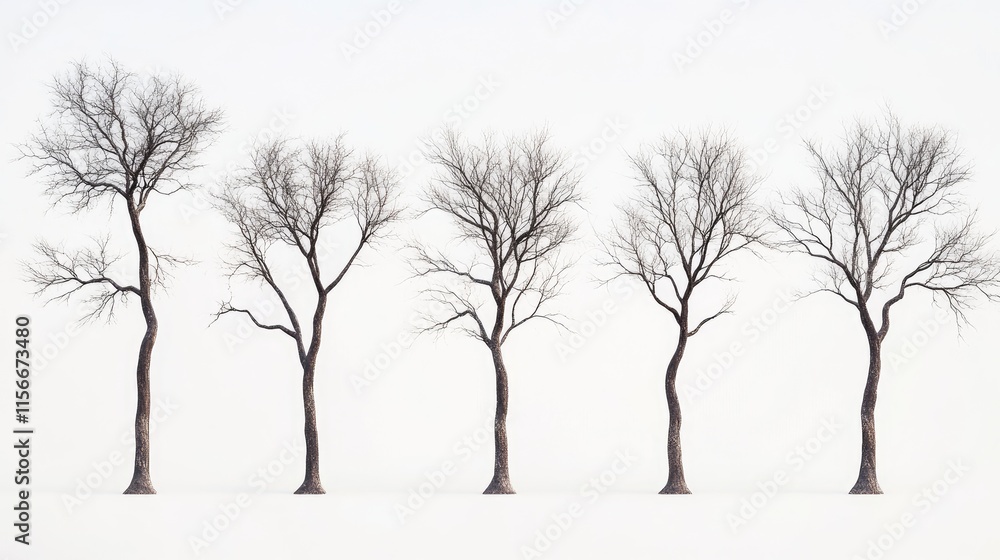 Poster winter landscape of leafless trees standing in a row against a white background symbolizing the beau