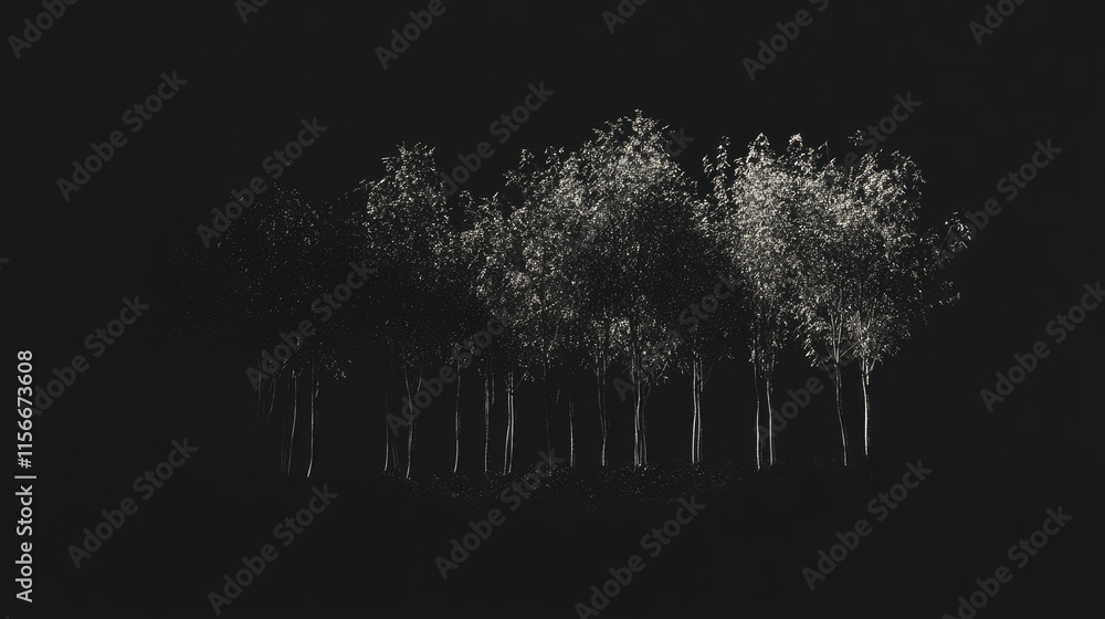 Poster Sunlit trees breaking through darkness creating a serene and mysterious forest atmosphere in contrast between light and shadow.