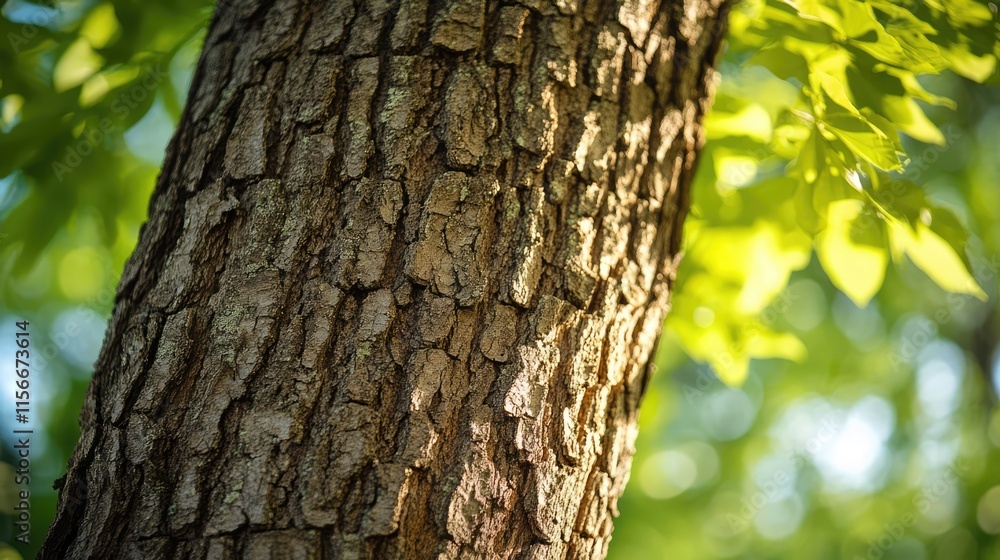 Aufkleber close-up view of textured tree trunk with vivid green leaves in soft natural light showcasing intric