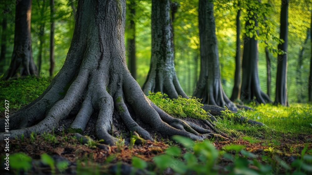 Poster lush forest scene featuring majestic tree trunks intertwined with vibrant undergrowth and sunlight f