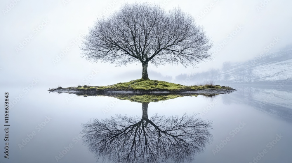 Poster winter landscape with bare tree covered in moss reflecting in calm lake in foggy weather serene and 