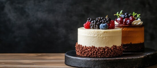 Elegant dessert cakes featuring berries and chocolate on a rustic wooden table with a dark background for a sophisticated culinary theme.