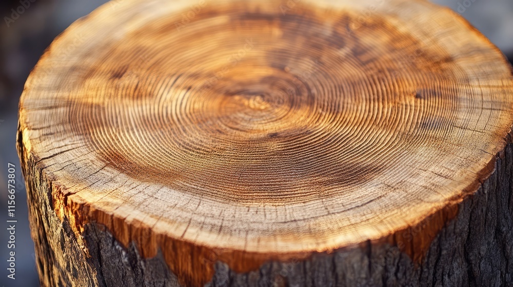 Poster Wooden tree trunk close up displaying intricate texture and natural patterns of aged bark and annual rings in warm lighting.