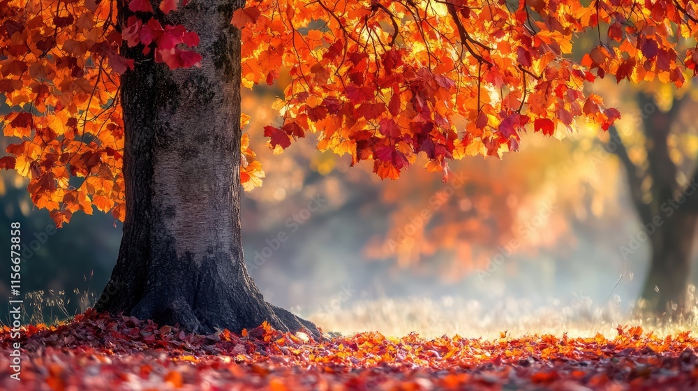 Poster autumn tree with vibrant orange leaves and textured trunk in serene landscape with fallen leaves and