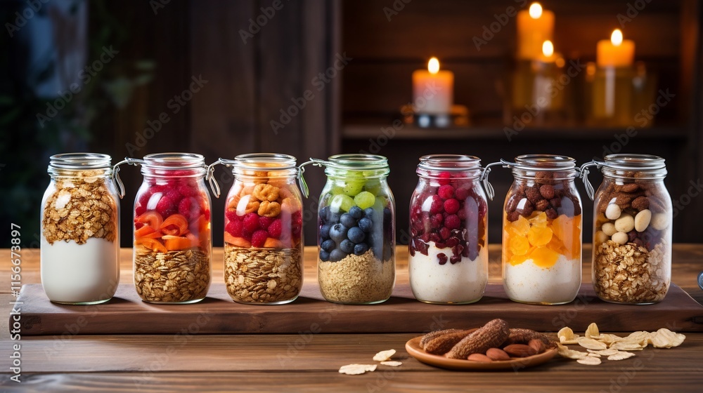 Poster cheerful breakfast setup featuring an assortment of cereals displayed in transparent glass jars with