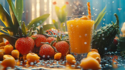 Refreshing Fruit Juice Splash, Summer Drink, Vibrant Colors, Tropical Theme