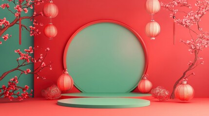 Festive Chinese New Year Product Display Mockup - Red & Green Minimalist Scene