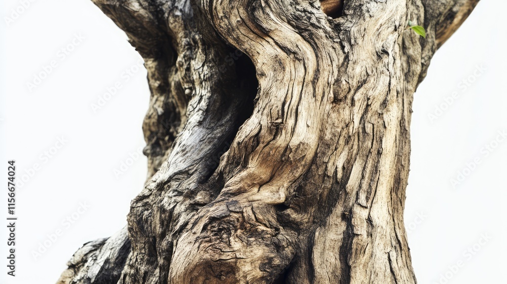 Poster Textured tree trunk with intricate patterns isolated on a plain background showcasing natural wood details and organic shapes.