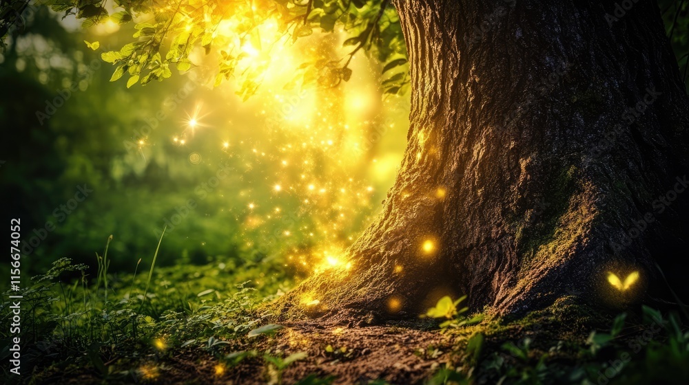 Aufkleber majestic tree trunk surrounded by enchanting nature illuminated by magical light in a serene forest 