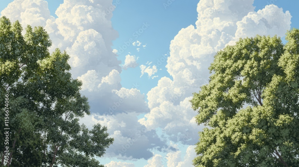 Poster Lush green trees under a vibrant sky filled with fluffy afternoon clouds creating a serene and tranquil landscape scene.