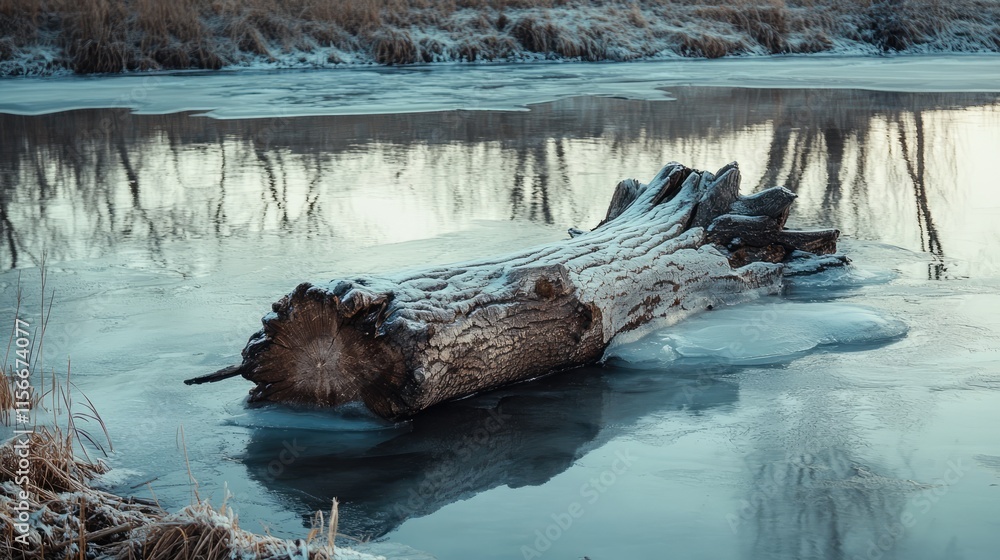 Poster frozen tree trunk resting on icy river surface with reflections of nature in winter landscape