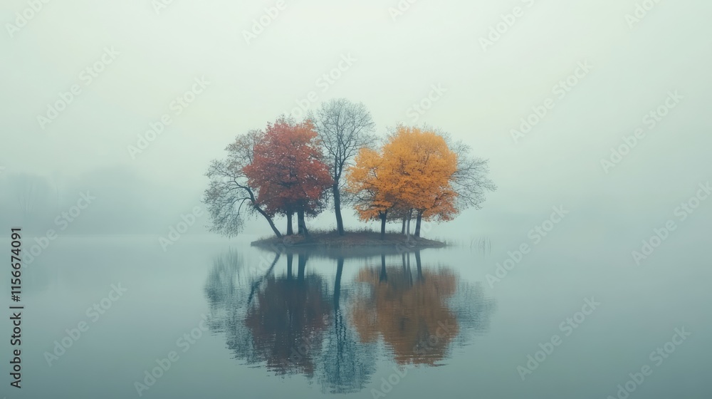 Aufkleber autumn trees with vibrant colors reflected in a foggy lake featuring a tranquil island on a serene o