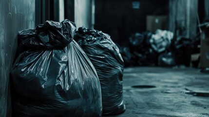 dark alley with discarded trash bags highlighting urban waste management challenges