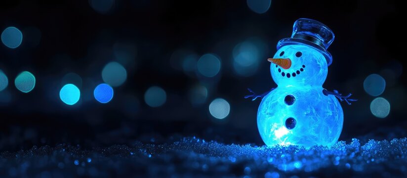 Snowman night light glowing in blue surrounded by vibrant bokeh lights on a dark background creating a festive atmosphere