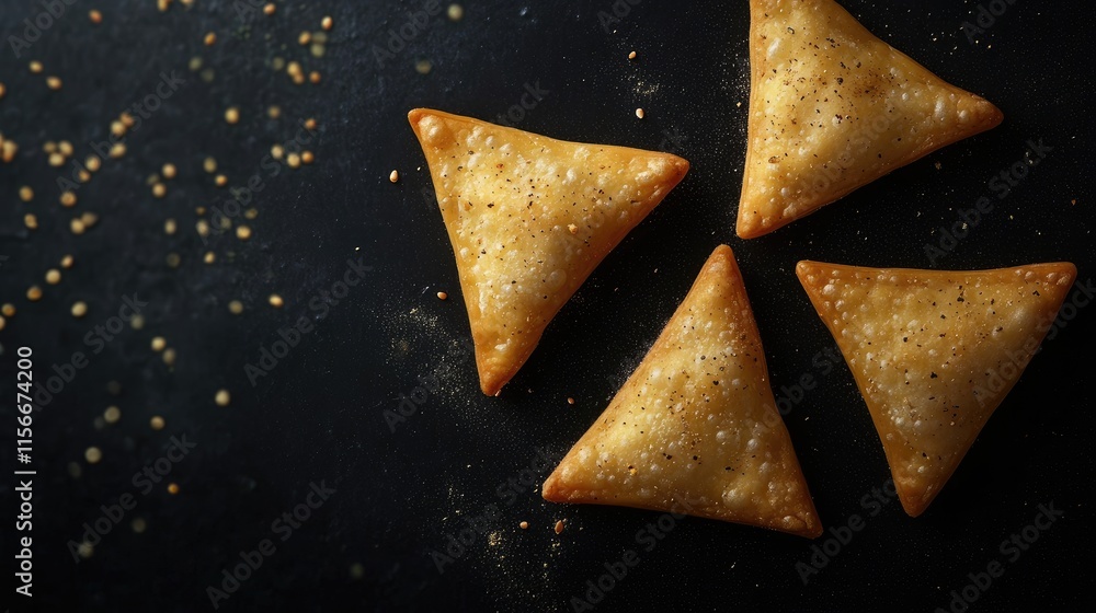 Poster Golden triangular ravioli on a dark background with scattered flour creating an elegant culinary presentation perfect for food styling.