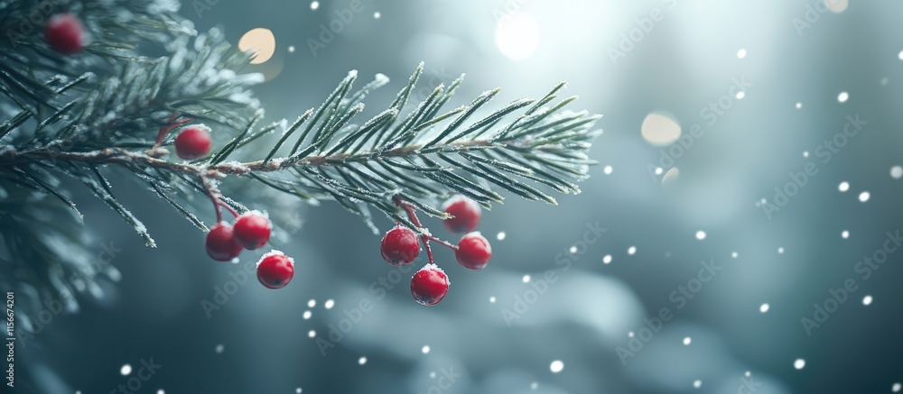 Aufkleber Red berry twig and evergreen fir branch on a gray bokeh background with softly falling snowflakes creating a peaceful winter atmosphere