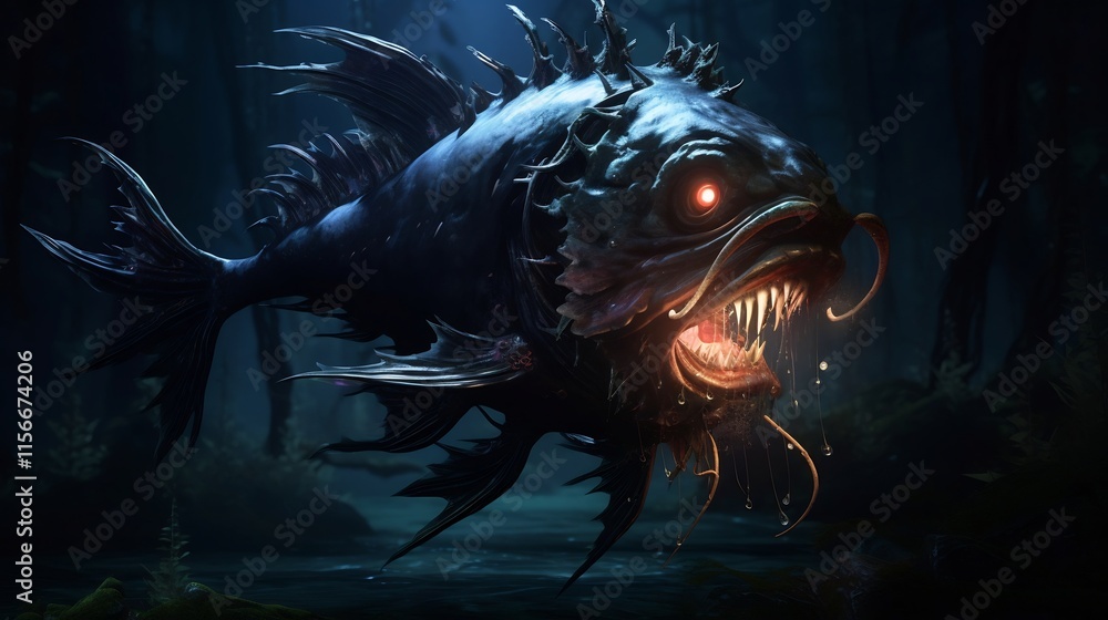 Poster mesmerizing image of an anglerfish with its glowing lure illuminating the pitch black depths of the 