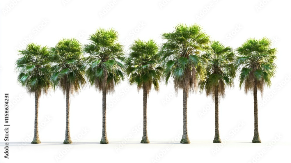 Poster row of sugar palm trees with lush green fronds isolated on a bright white background ideal for tropi