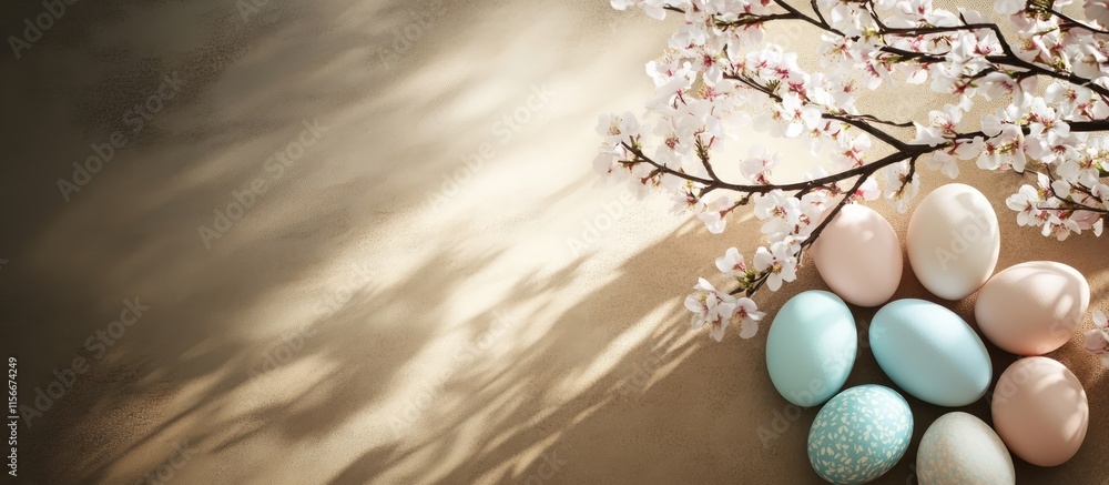 Poster Pastel Easter eggs and spring blossoms on a brown background with shadows creating a minimalist and creative holiday ambiance