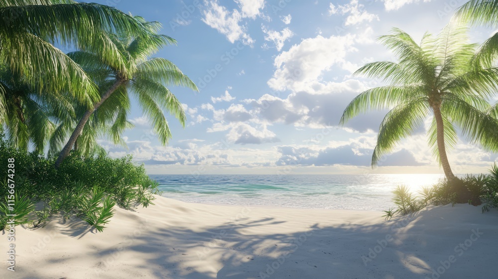 Aufkleber serene tropical beach scene with swaying palm trees under a bright blue sky and gentle waves lapping
