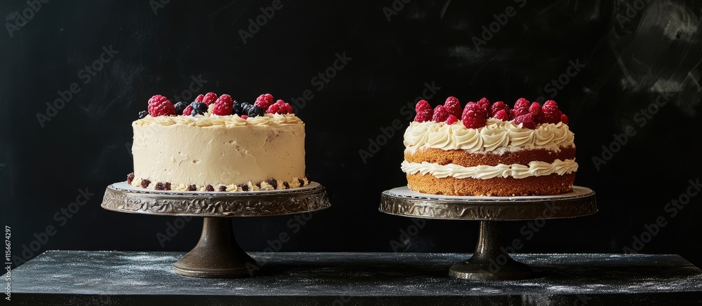 Poster Elegant two-tiered cakes with fresh raspberries displayed on ornate stands against a dark background for a sophisticated dessert setting