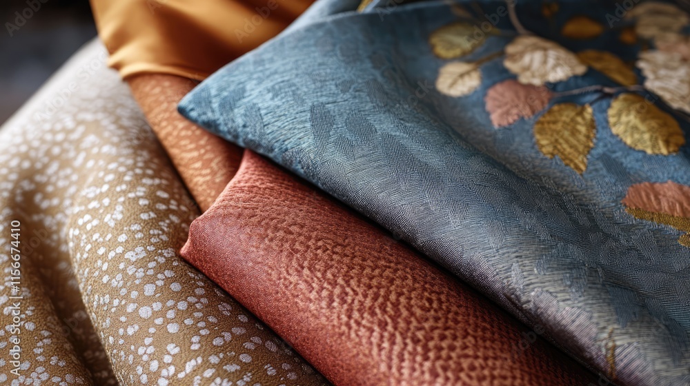 Poster Elegant collection of textured fabric swatches in warm hues showcasing intricate patterns and rich colors for design and decoration projects