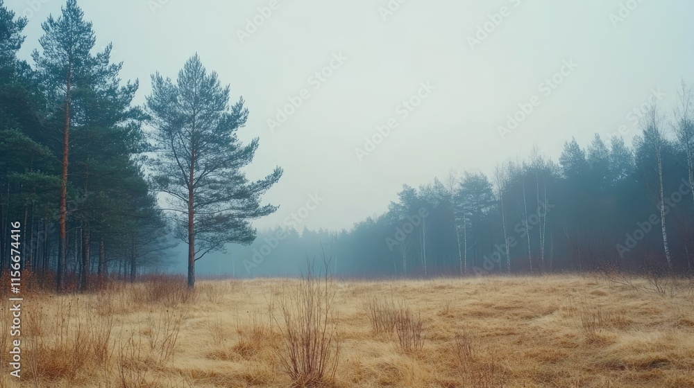 Poster Foggy meadow landscape with trees and dry grass in early spring suitable for web design and panoramic backgrounds